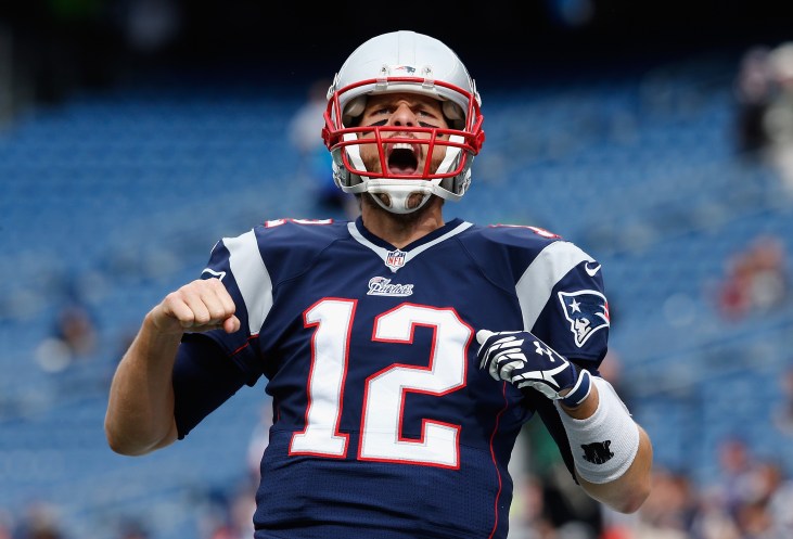 FOXBORO, MA - OCTOBER 26: Tom Brady #12 of the New England Patriots reacts before a game against the Chicago Bears at Gillette Stadium on October 26, 2014 in Foxboro, Massachusetts. (Photo by Jim Rogash/Getty Images)